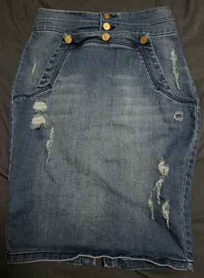 bebe Blue Denim Knee-Length Pencil Skirt Sz 27 Gold Buttons Back Zip distressed
