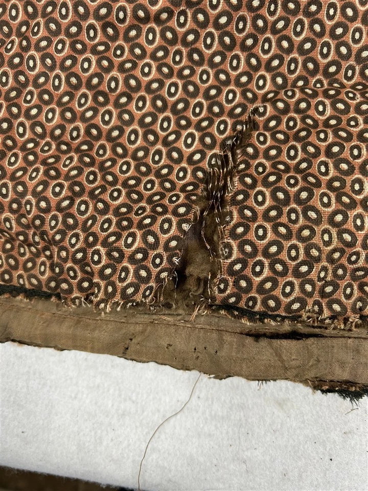 antique petticoat winter quilted brown calico print silk lining original early  - Image 3 of 4