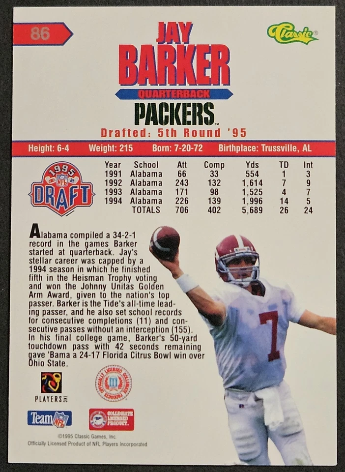 1995 Classic NFL Draft Silver Foil #86 Jay Barker Rookie RC Alabama Crimson Tide - Image 2 of 2