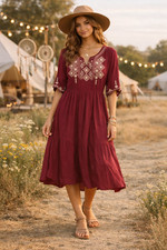 NWOT Mikarose Women’s Boho Red Dress Empire Waist Ruffle Hem Pleated Midi S