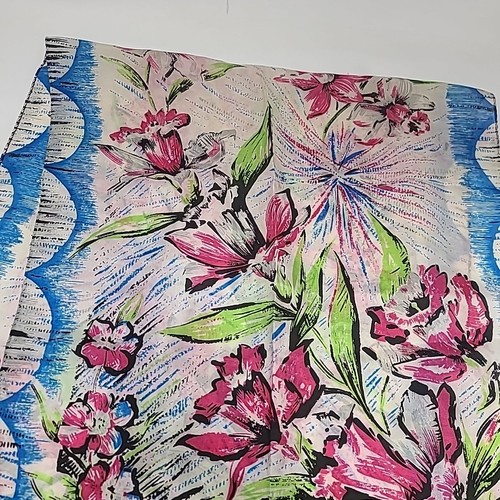 Vintage Scarf 17x42in Pink Floral Blue Green Leaves Black Accents Lightweight - Picture 3 of 5