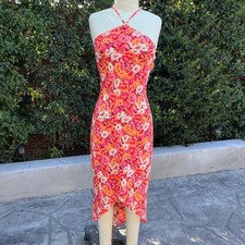 Express Floral Halter Midi Dress Women’s 3/4 Pink Orange High Low USA Made Y2K