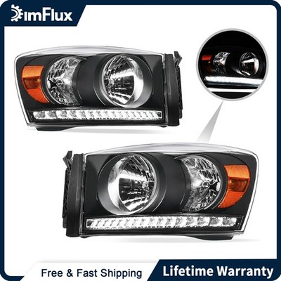 DimFlux  Headlights for 06-08 Dodge Ram 1500 2500 3500 w/LED DRL Black Housing