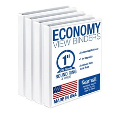 Samsill 1 Inch 3 Ring Binders, Economy Round Ring, Clear View 4-Pack, White