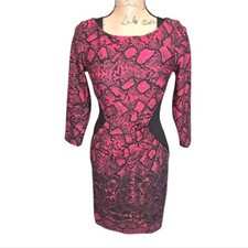 Antonio Melani Pink Black Snakeskin Sheath Dress Size 0 Bodycon 3/4 Sleeve Midi