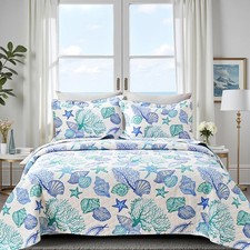 Ycosy 3 Piece Coastal Beach Quilt Set King Size Ocean Theme Bedding Set Blue ...