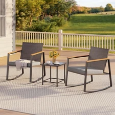 **Gizoon 3PC Rocking Patio Bistro Set Wicker Chairs Glass Table Cushions**