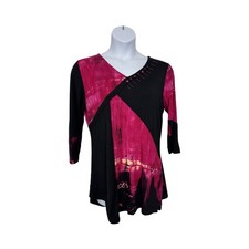 Parsley  Sage Women  s 3/4 Sleeve Assymeyrical Tunic Size L Black/Fuscia Artsy