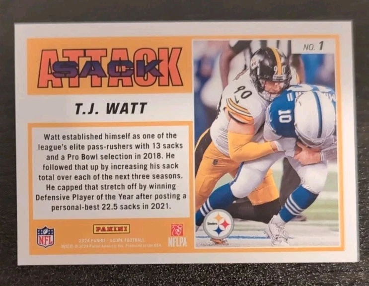 T.J. Watt #1 2024 Panini Score Sack Attack Insert Pittsburgh Steelers - Image 2 of 3