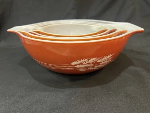 Vintage Pyrex Autumn Harvest Wheat Nesting Cinderella Mixing Bowls, Set of 4