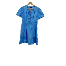 Quince Women 100% Organic Cotton Tiered Mini Dress Basic Sleeved Blue M