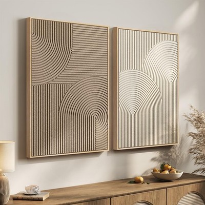 Large 3D Textured Framed Neutral Abstract Wall Art Set, 2 Piece Modern Minima...