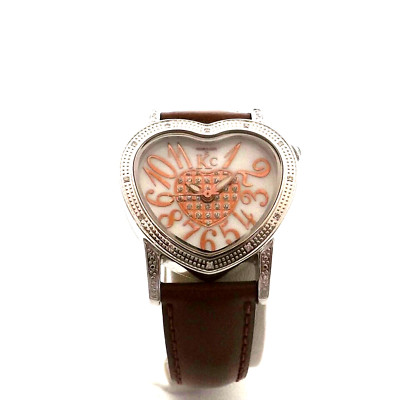 Techno Com by KC Genuine Diamond Heart Bezel Ladies Watch Leather Band New