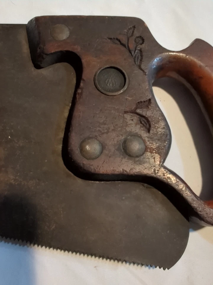 25" Antique Wooden Handle Engraved Leaves Hand Saw EC Atkins S & Co Unique - Image 3 of 4