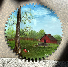 HAND PAINTED SAW BLADE / GEAR FARM SCENE RED BARN 10 1/2" DIAMETER