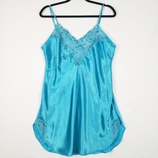 Vintage Delicates Satin Slip Womens Large Beaded Sequin Lace Glossy Blue 90s