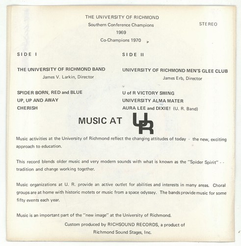 VTG 1970 UNIVERSITY OF RICHMOND,VIRGINIA.33 rpm VINYL EP RECORD,BAND,GLEE CLUB - Picture 2 of 4