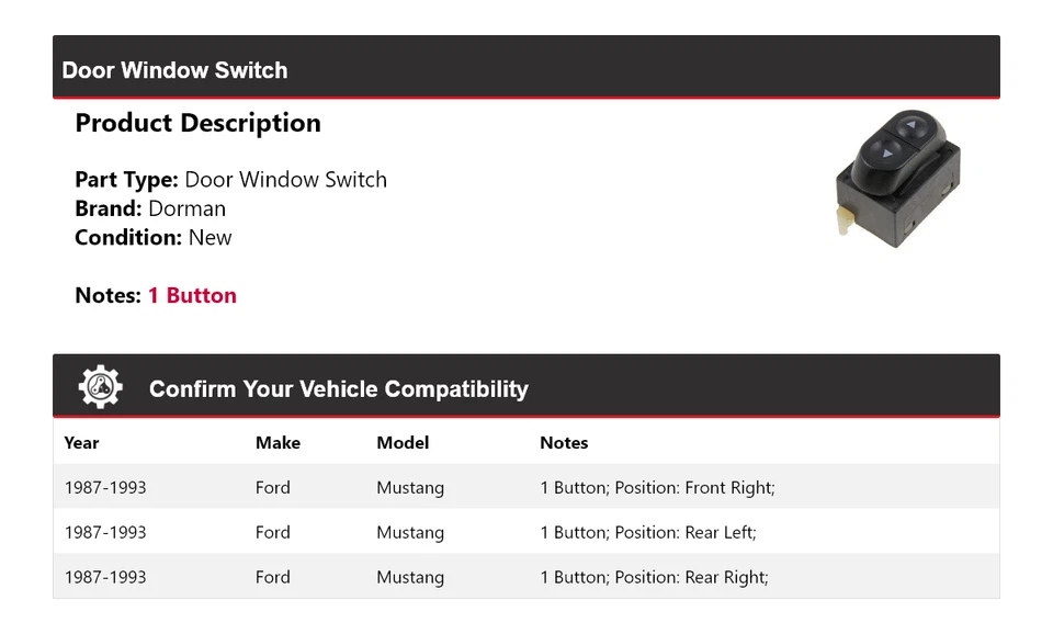 For 1987-1993 Ford Mustang Dorman Door Window Switch 1988 1989 1990 1991 1992 - Image 2 of 4