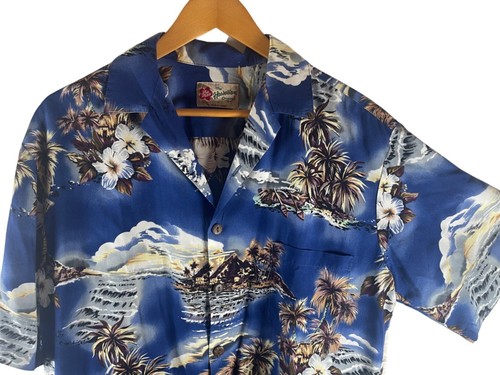 Vintage Hilo Hattie Mens Hawaiian Aloha Shirt Sz M Blue Tropical Palm Island - Picture 2 of 9