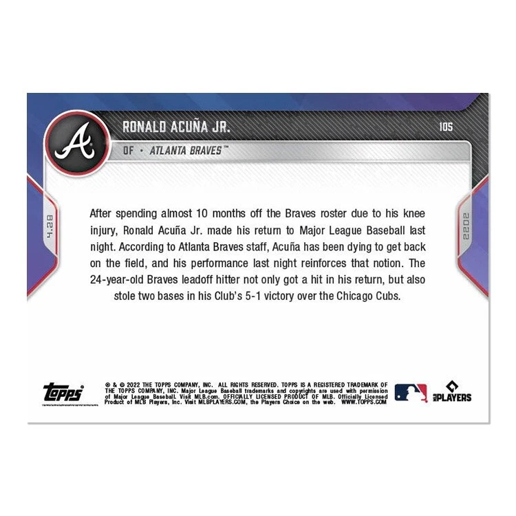 Ronald Acuna Jr. Atlanta Braves 2022 MLB TOPPS NOW Card 105 2022 Debut IN HAND! - Image 2 of 2