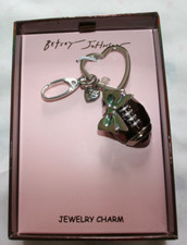 FOOTBALL Ball Handbag Charm Keyring Silver tone metal Enameled brown Charm NIB