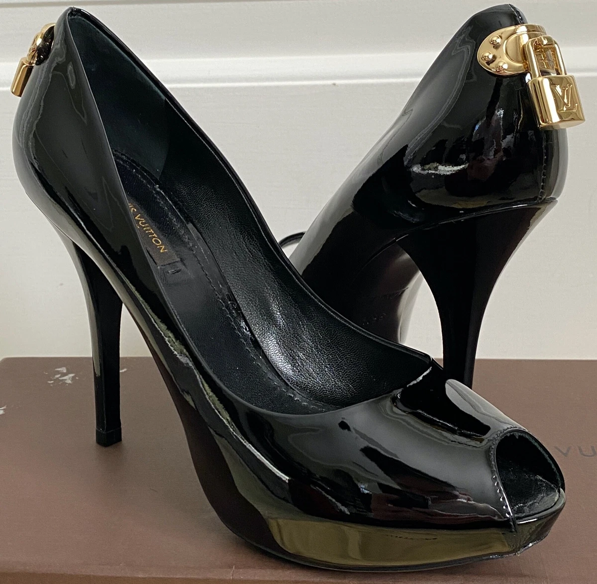 Louis Vuitton Oh Really Black Patent Gold Lock Platform Peep Toe Pumps 36.5  6.5