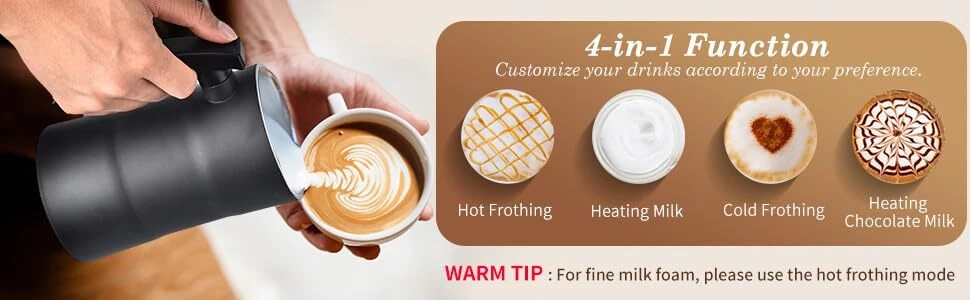 Milk Frother Electric Coffee Frother Warm and Cold Milk Foamer 4 IN 1 Automat...