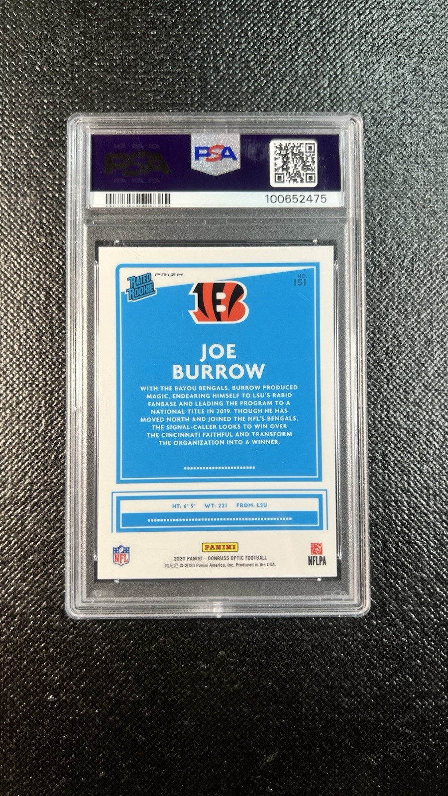 2020 Panini Donruss Optic Joe Burrow RC Blue Hyper #151 PSA 9 Bengals view 2