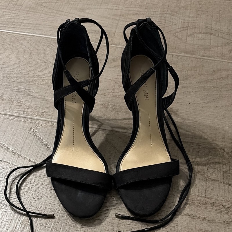 Gianni Bini Women’s Black Leather Strappy Lace-Up Open Toe Ankle Strap Heels