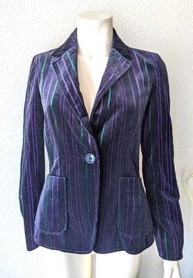 ETRO MILANO Blazer Jacke Samt SCHWARZ LILA GRÜN Gr. 36 DE 42 IT gestreift TOP Z