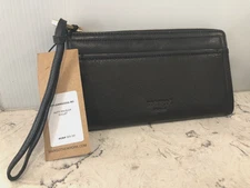 Margot New York Black Genuine Leather 3/4 Zip Patty Envelope Wallet NY Strap $85