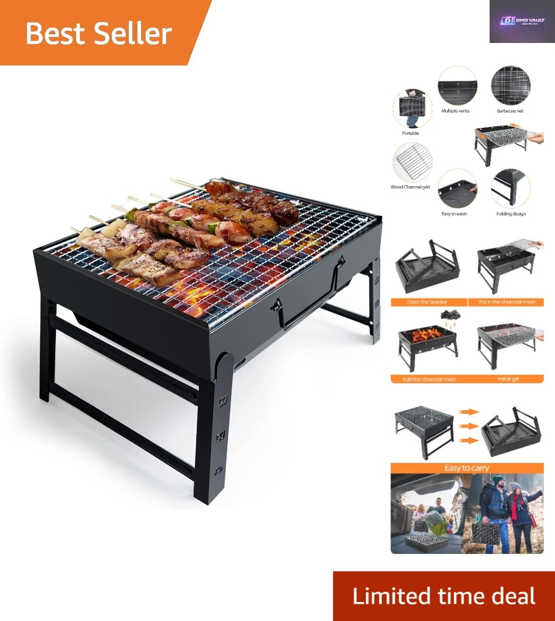 Portable Folding Charcoal BBQ Grill - Stainless Steel Tabletop Smoker for Travel