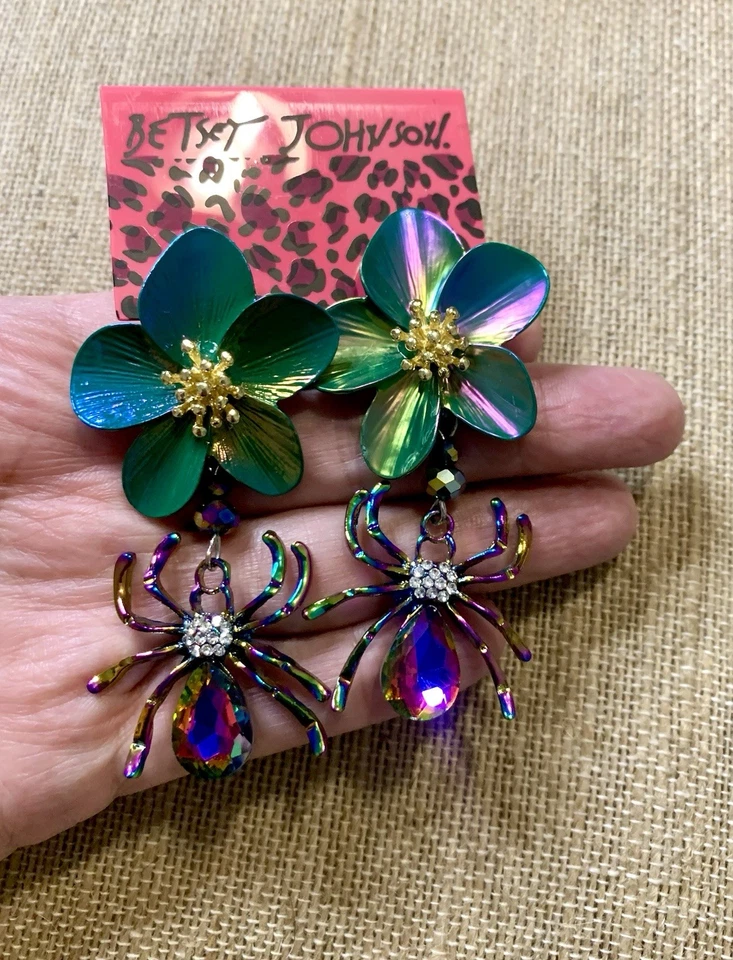 Pendientes colgantes Betsey Johnson florales araña Halloween verde púrpura AB Foto 4 de 4