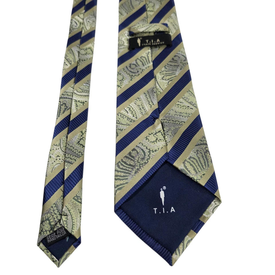 TIA Mens Necktie Blue Green Silk Metallic Paisley Striped Handmade Long Business - Image 4 of 4