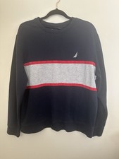Nautica Mens Large Blue Striped Crew Neck Knit Sweatshirt Pullover Casual
