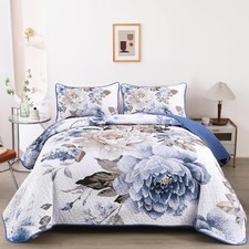 Floral Quilt Set Blue Queen Size 3 Pieces Elegant Botanical Print Bedding Set