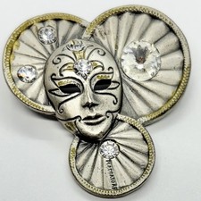 Vtg Venetian Carnival Mask Harlequin Jester Silver Plate Brooch Rhinestone Pin