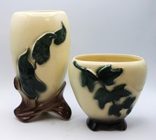 Vintage Set Of 2 1950's Royal Copley Pottery Green Ivy Vases 7.25" & 4.5"