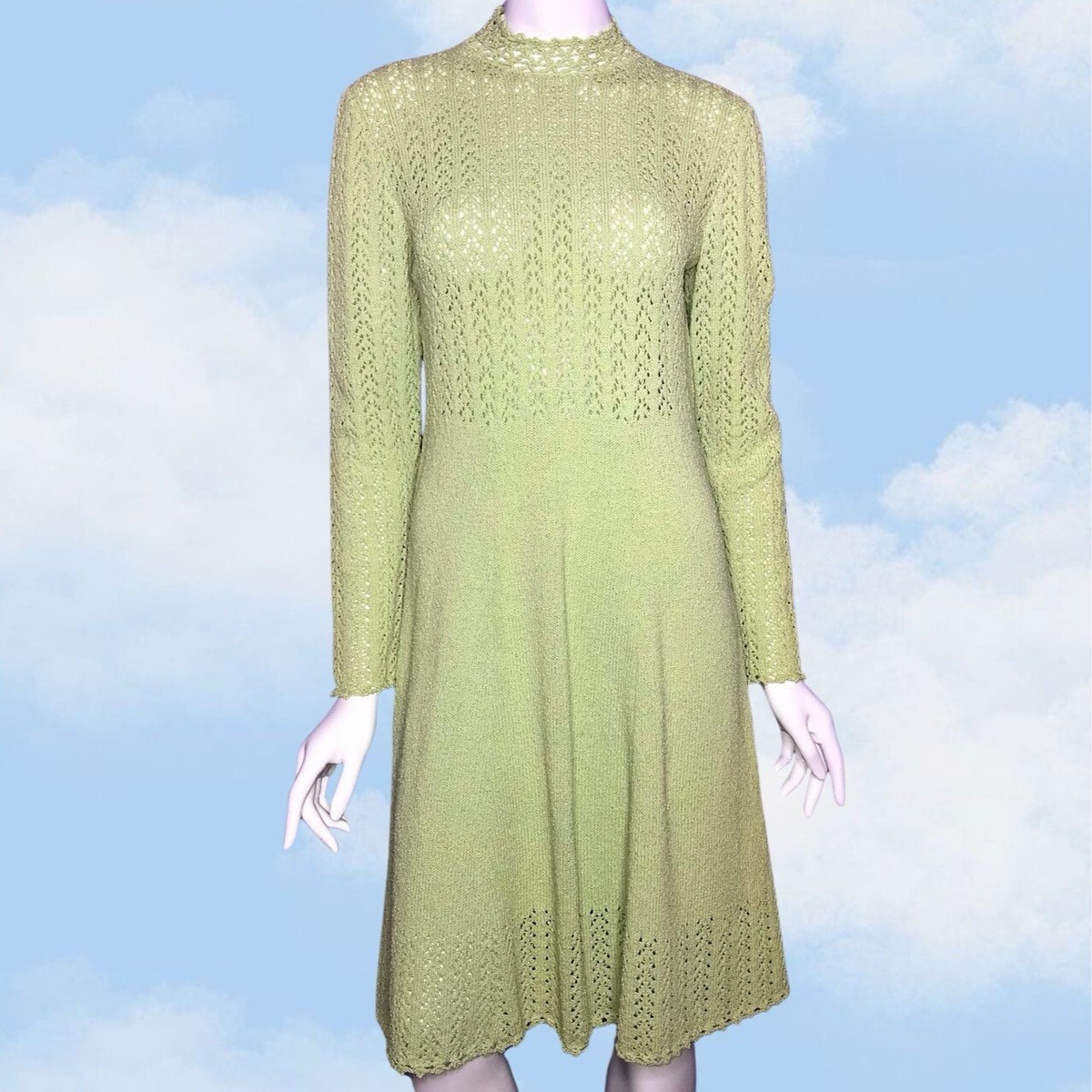 Vintage 60s 70s Picardo Knits Pastel Green Midi Knit Dress Long