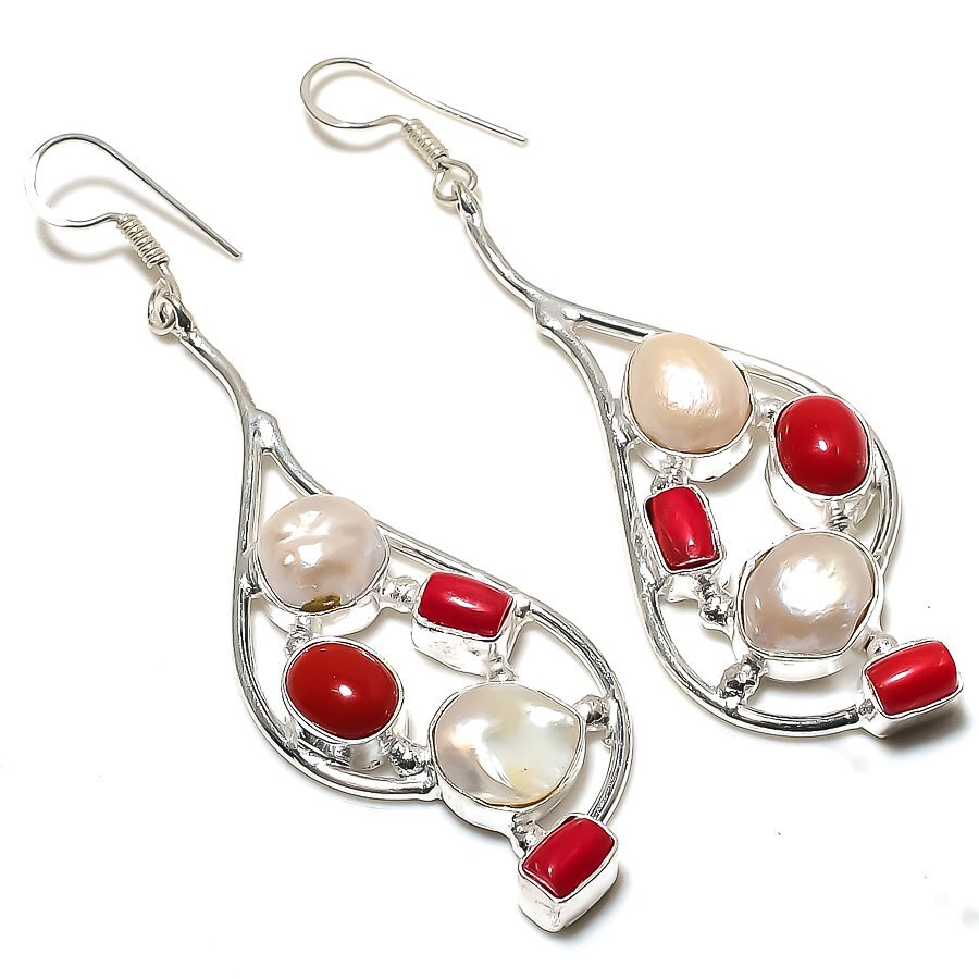 Italian Red Coral, Pearl Earring 925 Sterling Silver Jewelry 3.15" o788