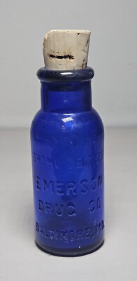 1920s Emerson Drug Co. Bromo Setzer Blue Cobalt W/ Cork Lid Baltimore MD 4'' Tall