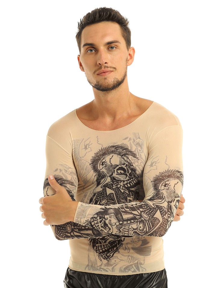 Scripted Tattoo Mens Fake Tattoo Tribal Inspired Print Long Sleeve Stretch T-Shirt Tops ...