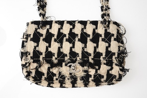 Chanel Vintage Classic Double Flap Tasche Schwarz/Creme Tweed Hahnentritt Muster - Bild 2 von 10