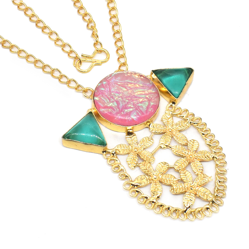 Pink Opal Quartz Necklace Handmade Gift Gold Plated Fashion Jewelry 18