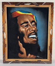Pintura de retrato de terciopelo negro vintage de Bob Marley reggae mediados de siglo firmada 1960
