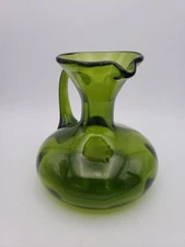 Vtg Rainbow Art Glass Hancock Hand Blown Deep Avocado Green Small Pitcher Vase 