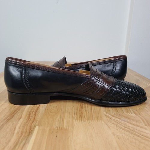 Bally Basket Weave Woven Loafers Black Brown Men 9D Leather Shoes Italy Two Tone - Picture 12 of 21