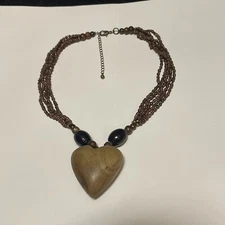 Beaded Statement Costume Jewelry Necklace Brown Wood Heart / Beads Purple Glass