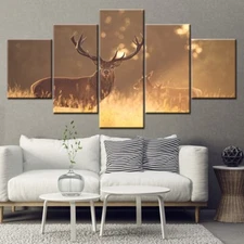 Deer Picture Golden Morning Sunlight 5 Panel Canvas Print Wall Poster Home Decor