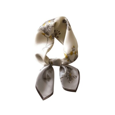 100% Mulberry Silk 27'' Square Scarf Women Neckerchief Wrap Beige Yellow Flowers